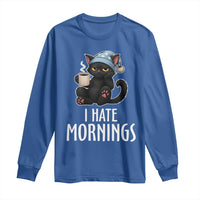 Funny I Hate Mornings Long Sleeve Shirt Cute Lazy Cat Drink Coffee - Wonder Print Shop