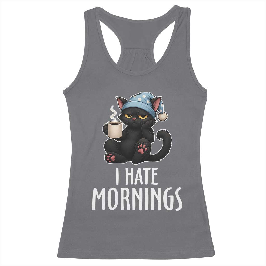 Funny I Hate Mornings Racerback Tank Top Cute Lazy Cat Drink Coffee - Wonder Print Shop