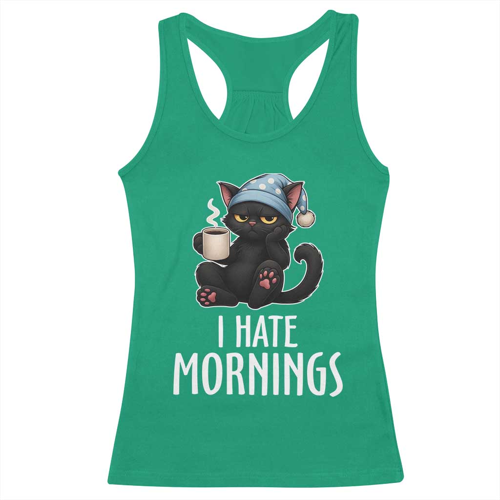 Funny I Hate Mornings Racerback Tank Top Cute Lazy Cat Drink Coffee - Wonder Print Shop