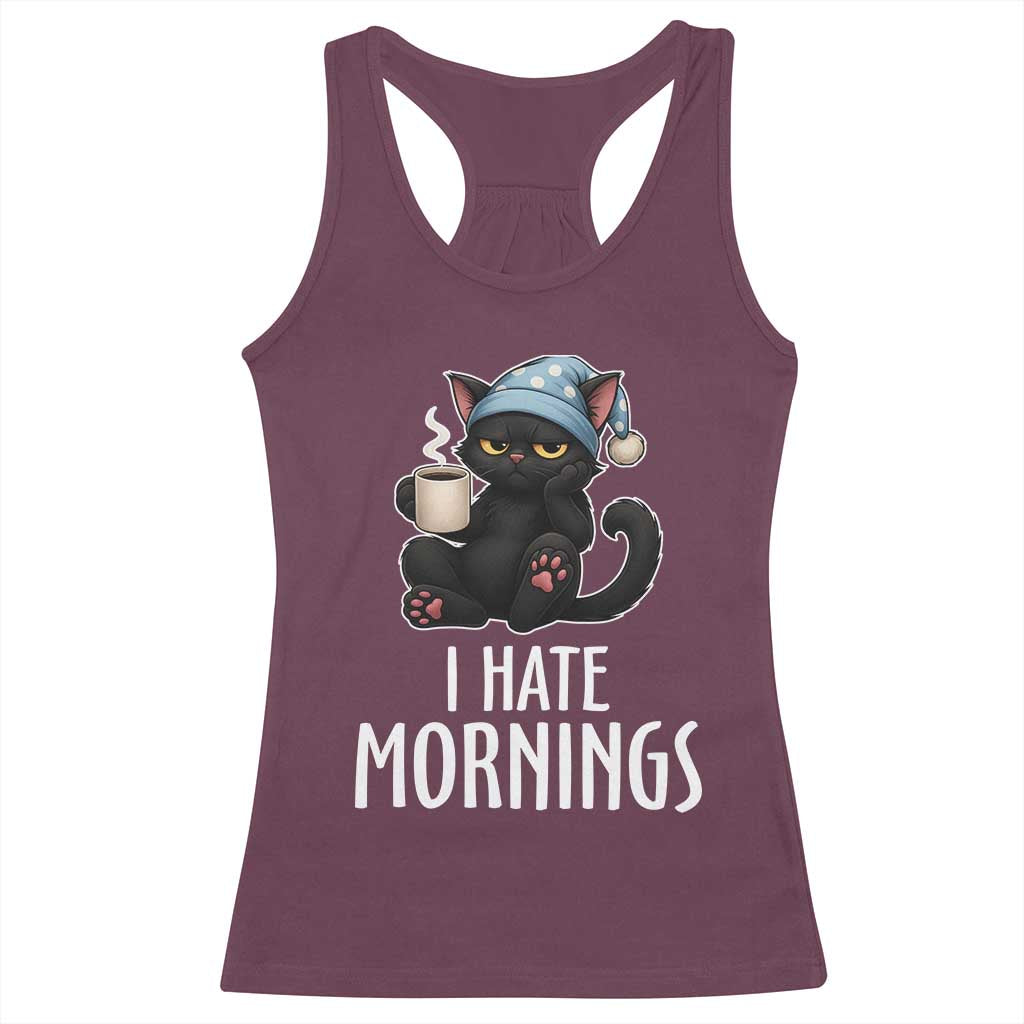 Funny I Hate Mornings Racerback Tank Top Cute Lazy Cat Drink Coffee - Wonder Print Shop