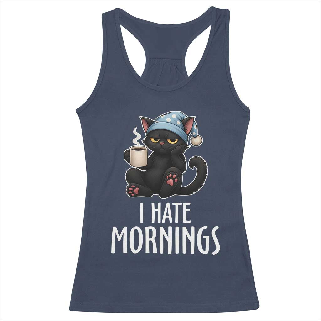 Funny I Hate Mornings Racerback Tank Top Cute Lazy Cat Drink Coffee - Wonder Print Shop
