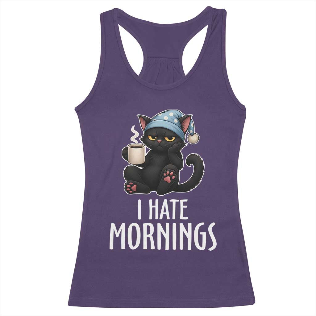 Funny I Hate Mornings Racerback Tank Top Cute Lazy Cat Drink Coffee - Wonder Print Shop