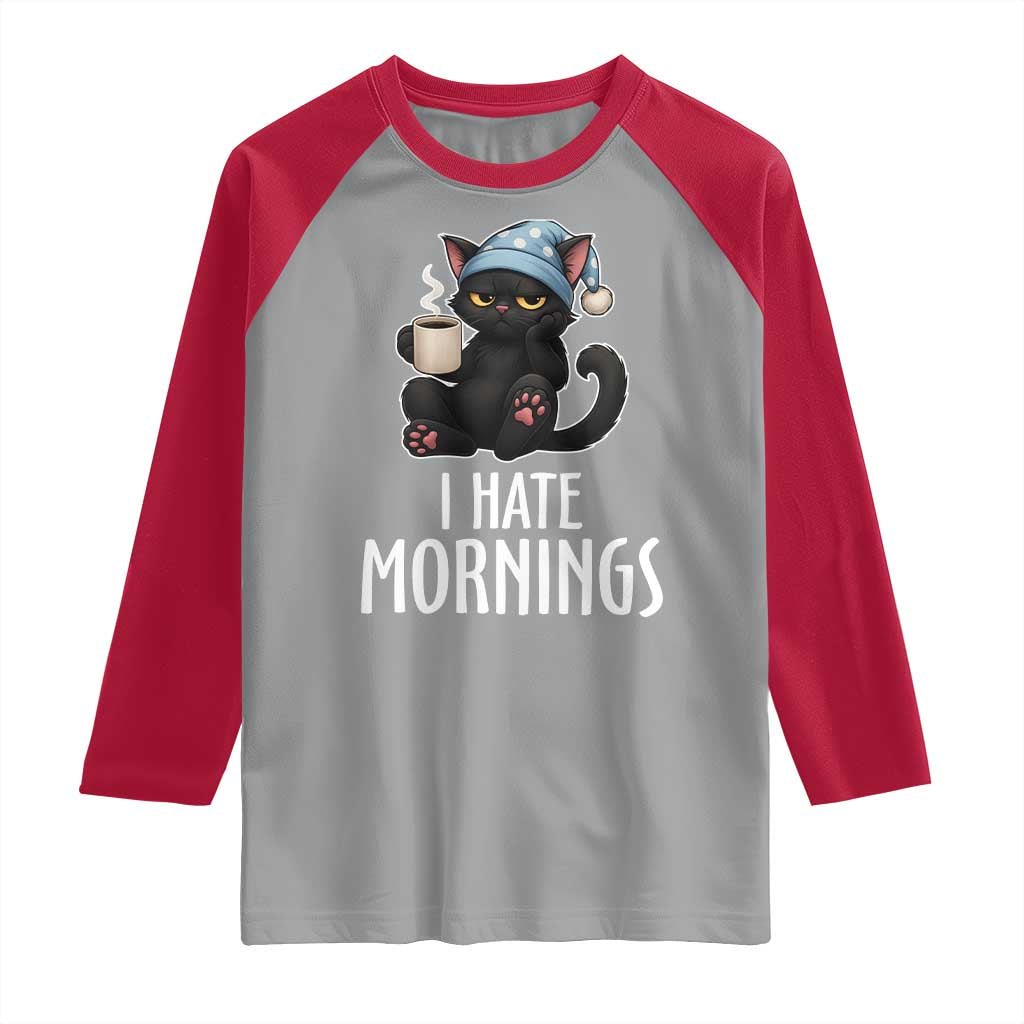 Funny I Hate Mornings Raglan Shirt Cute Lazy Cat Drink Coffee - Wonder Print Shop