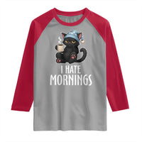 Funny I Hate Mornings Raglan Shirt Cute Lazy Cat Drink Coffee - Wonder Print Shop
