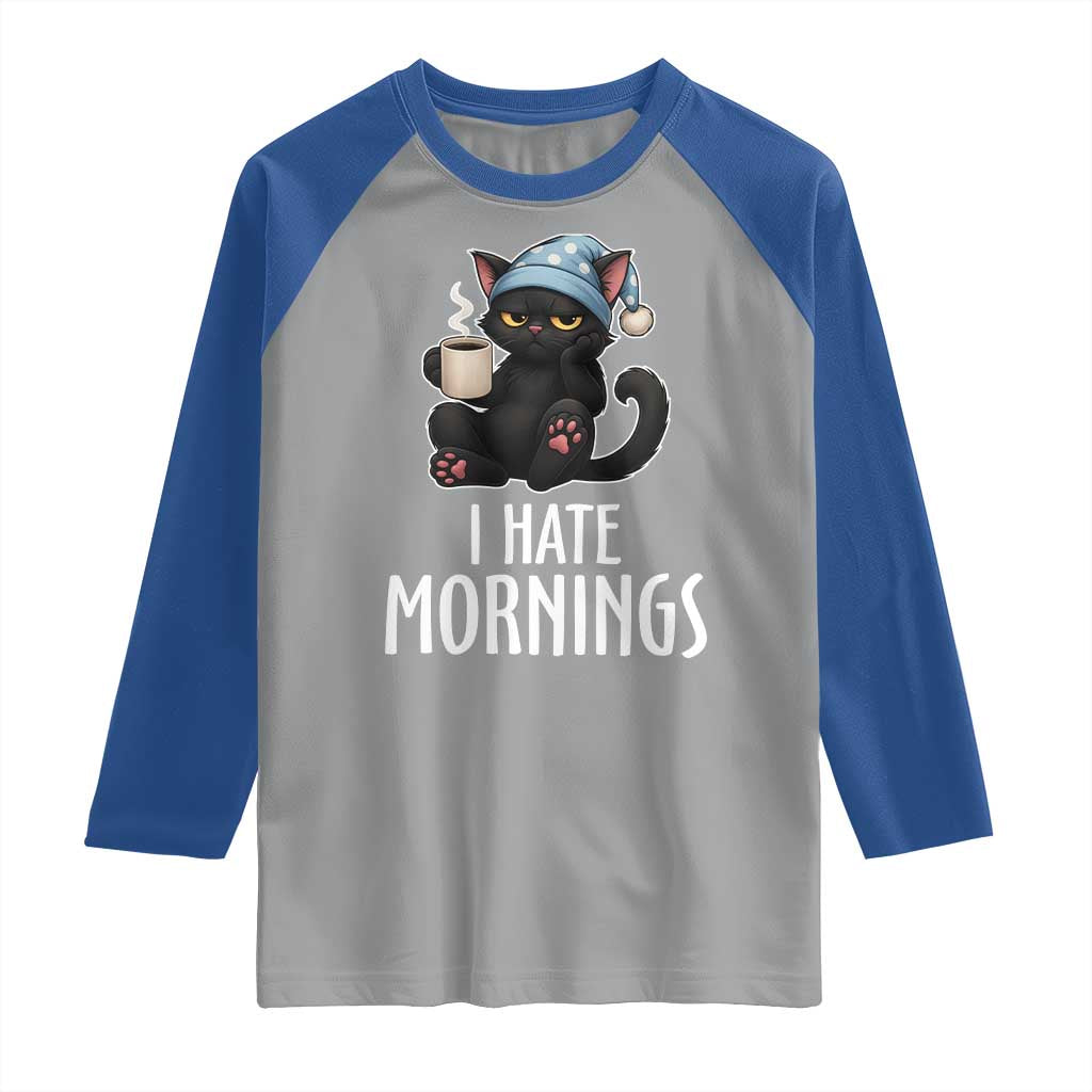 Funny I Hate Mornings Raglan Shirt Cute Lazy Cat Drink Coffee - Wonder Print Shop