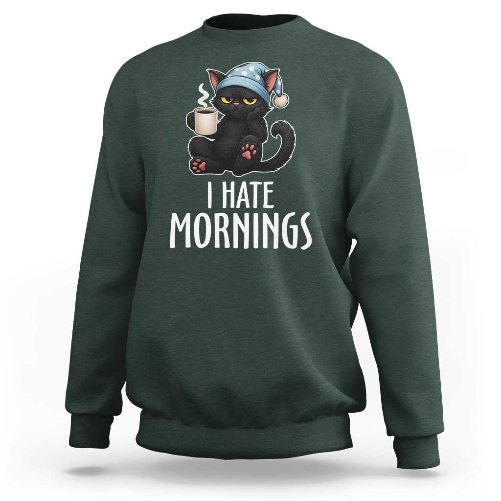 Funny I Hate Mornings Sweatshirt Cute Lazy Cat Drink Coffee - Wonder Print Shop