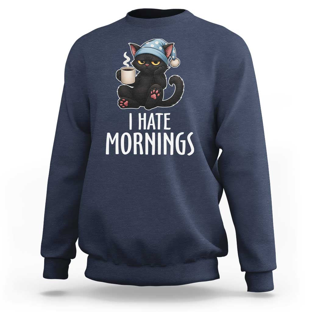 Funny I Hate Mornings Sweatshirt Cute Lazy Cat Drink Coffee - Wonder Print Shop