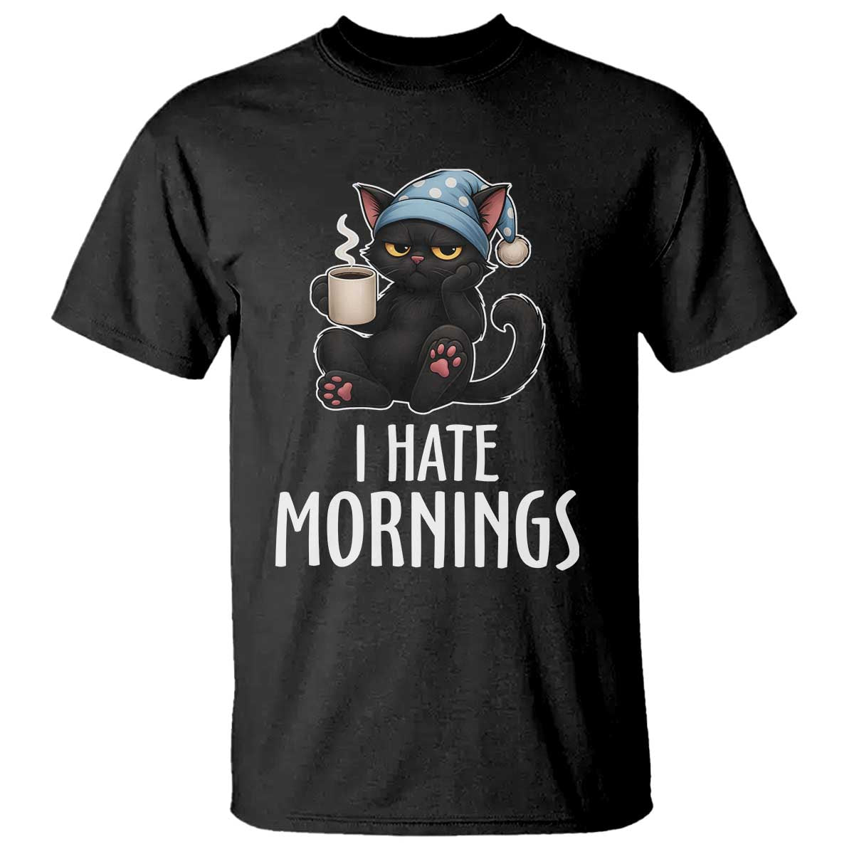 Funny I Hate Mornings T Shirt Cute Lazy Cat Drink Coffee - Wonder Print Shop