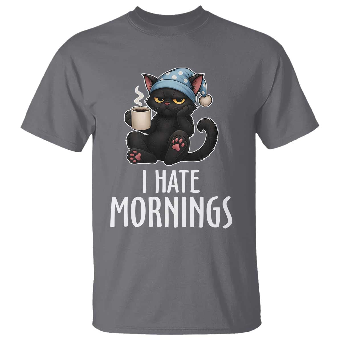 Funny I Hate Mornings T Shirt Cute Lazy Cat Drink Coffee - Wonder Print Shop