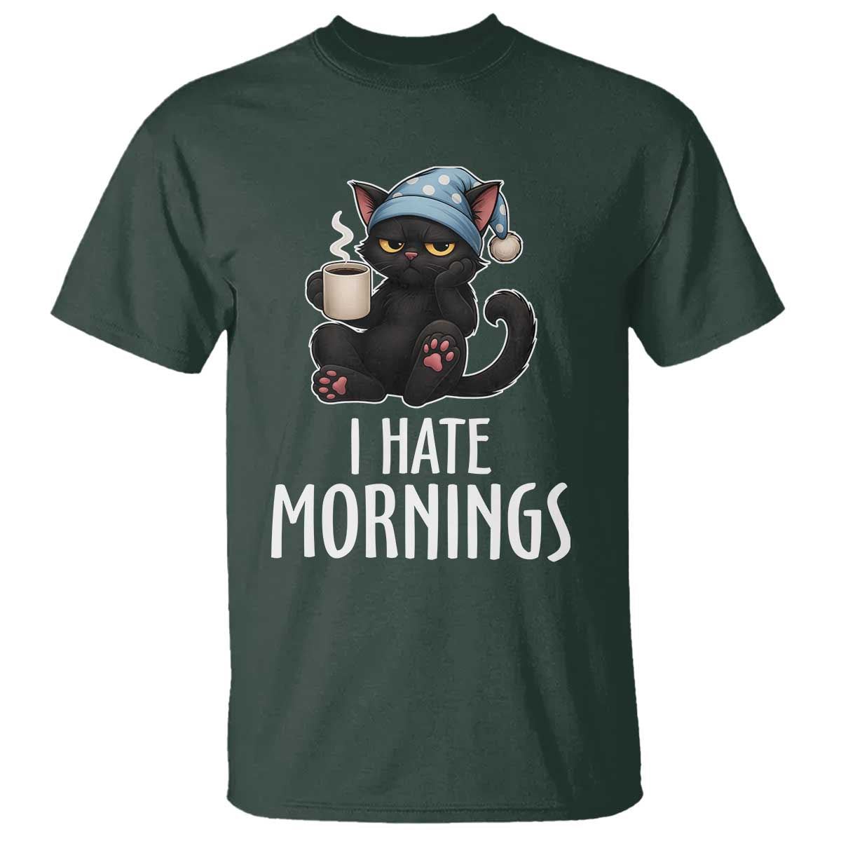 Funny I Hate Mornings T Shirt Cute Lazy Cat Drink Coffee - Wonder Print Shop