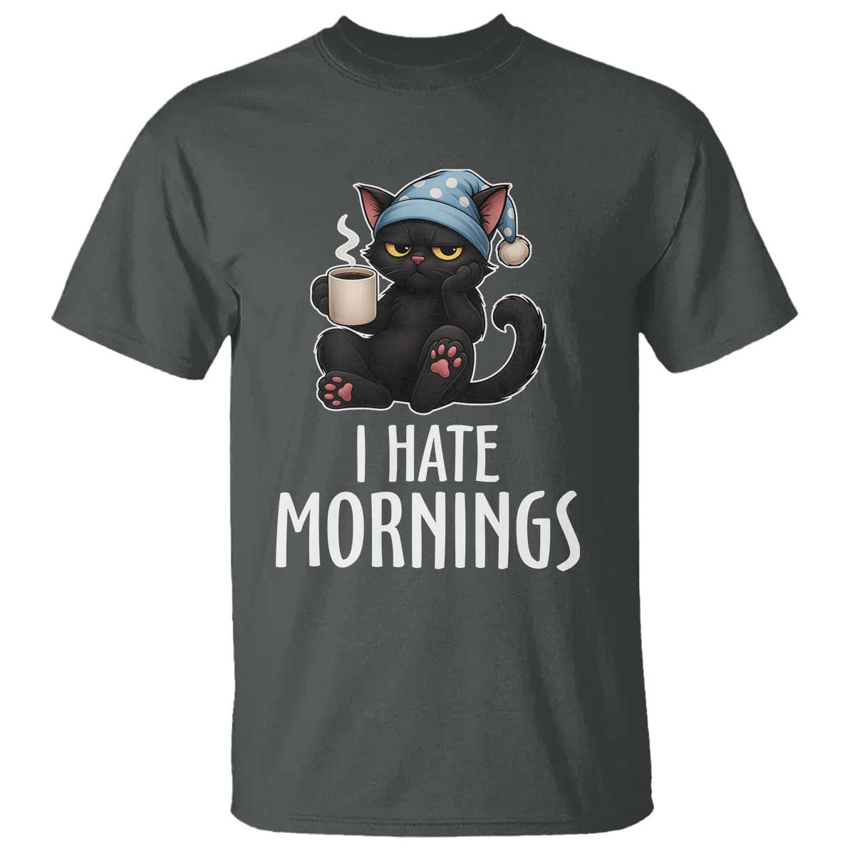 Funny I Hate Mornings T Shirt Cute Lazy Cat Drink Coffee - Wonder Print Shop
