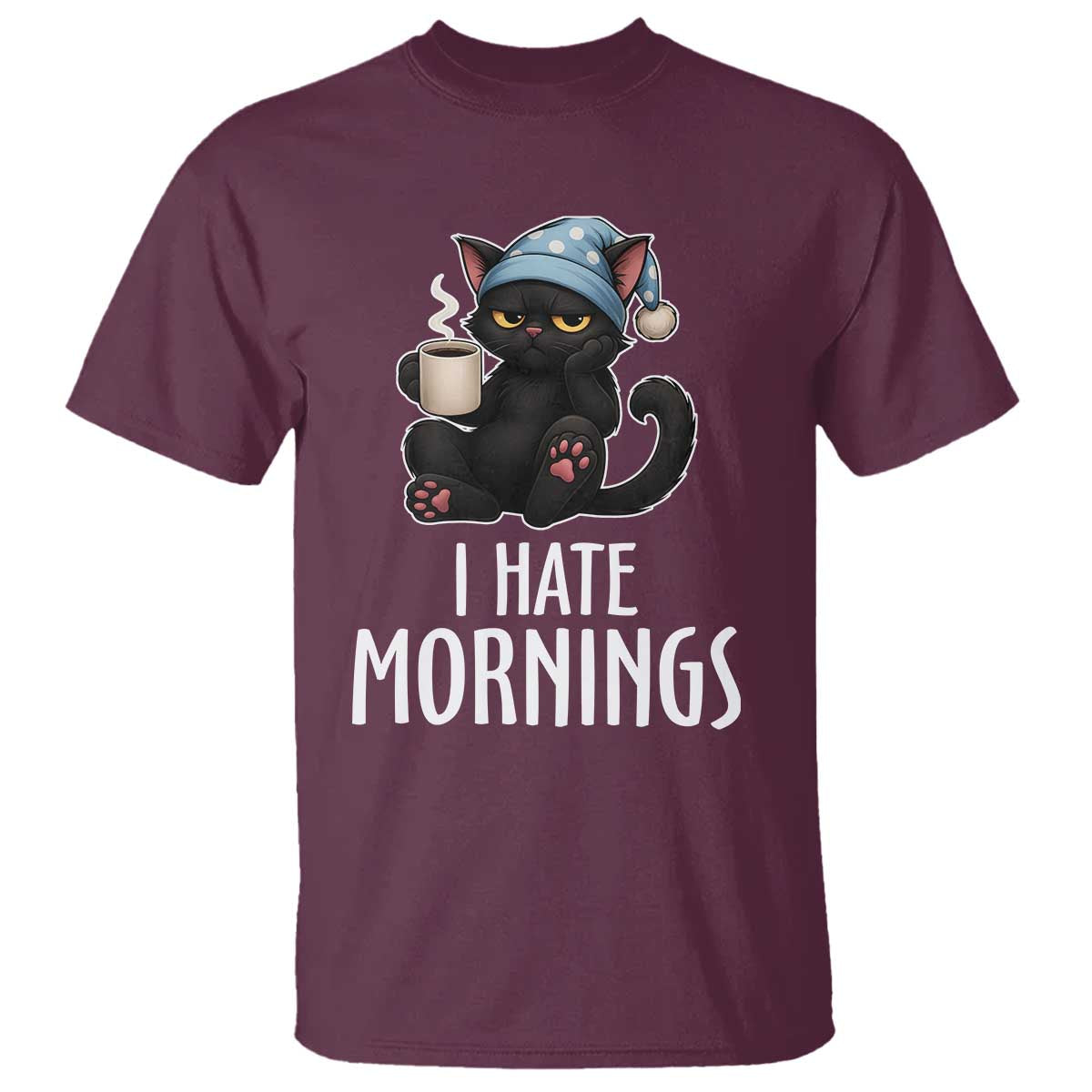 Funny I Hate Mornings T Shirt Cute Lazy Cat Drink Coffee - Wonder Print Shop
