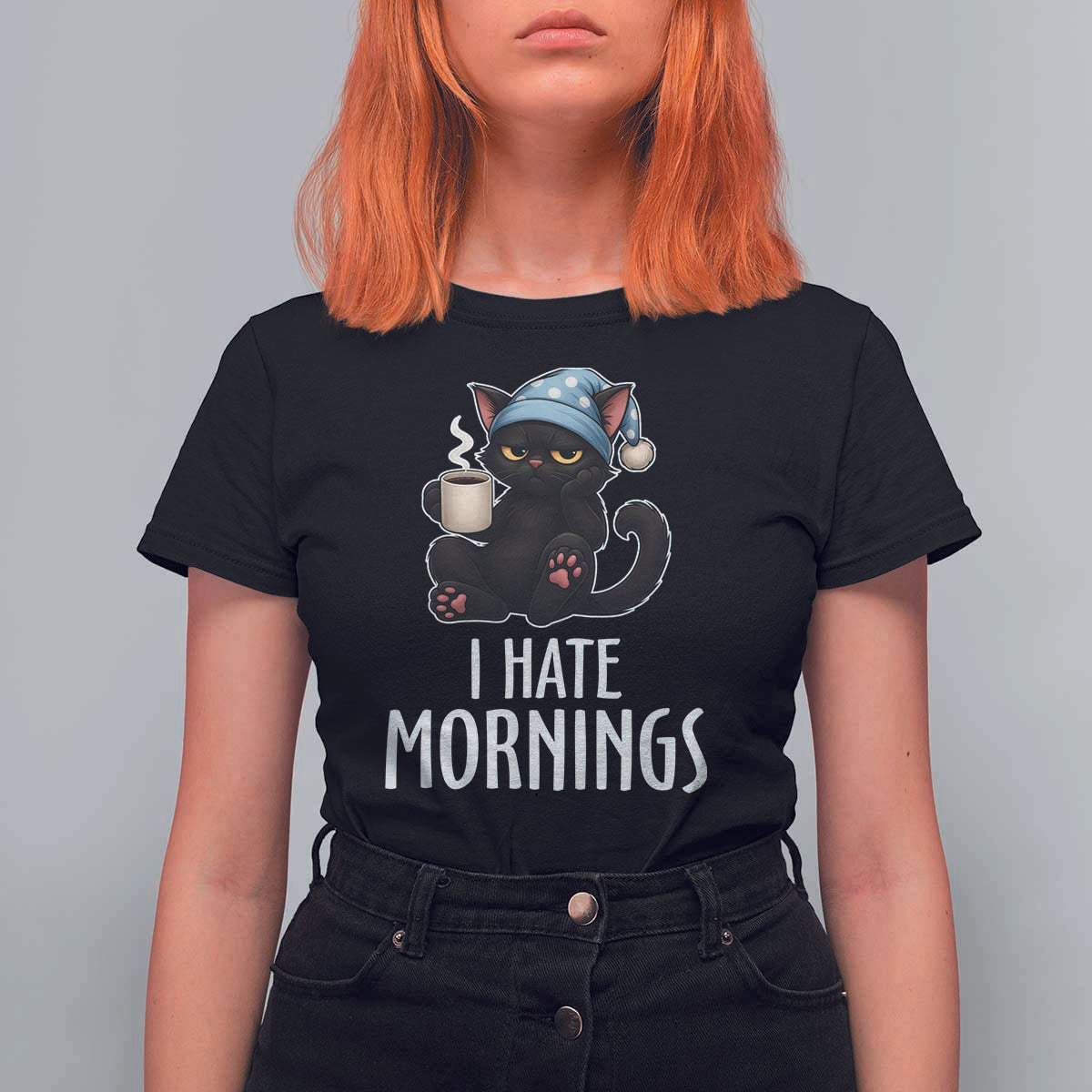 Funny I Hate Mornings T Shirt For Women Cute Lazy Cat Drink Coffee - Wonder Print Shop