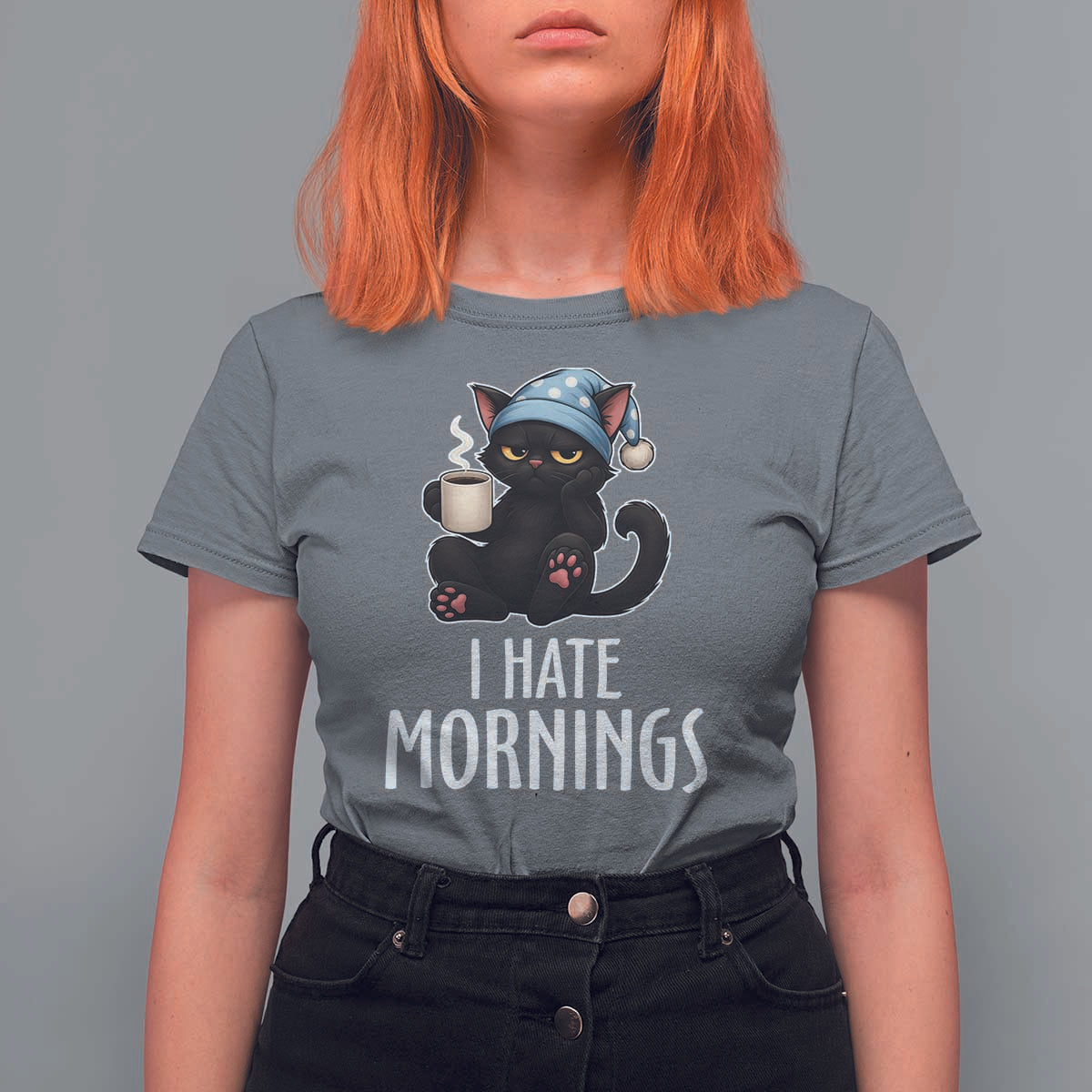 Funny I Hate Mornings T Shirt For Women Cute Lazy Cat Drink Coffee - Wonder Print Shop