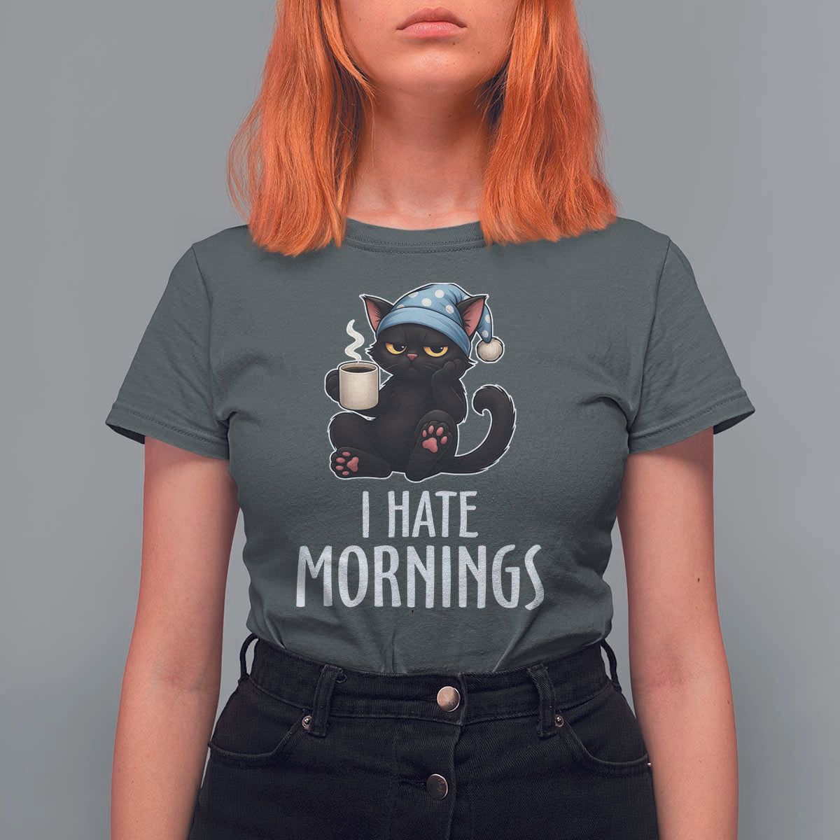Funny I Hate Mornings T Shirt For Women Cute Lazy Cat Drink Coffee - Wonder Print Shop