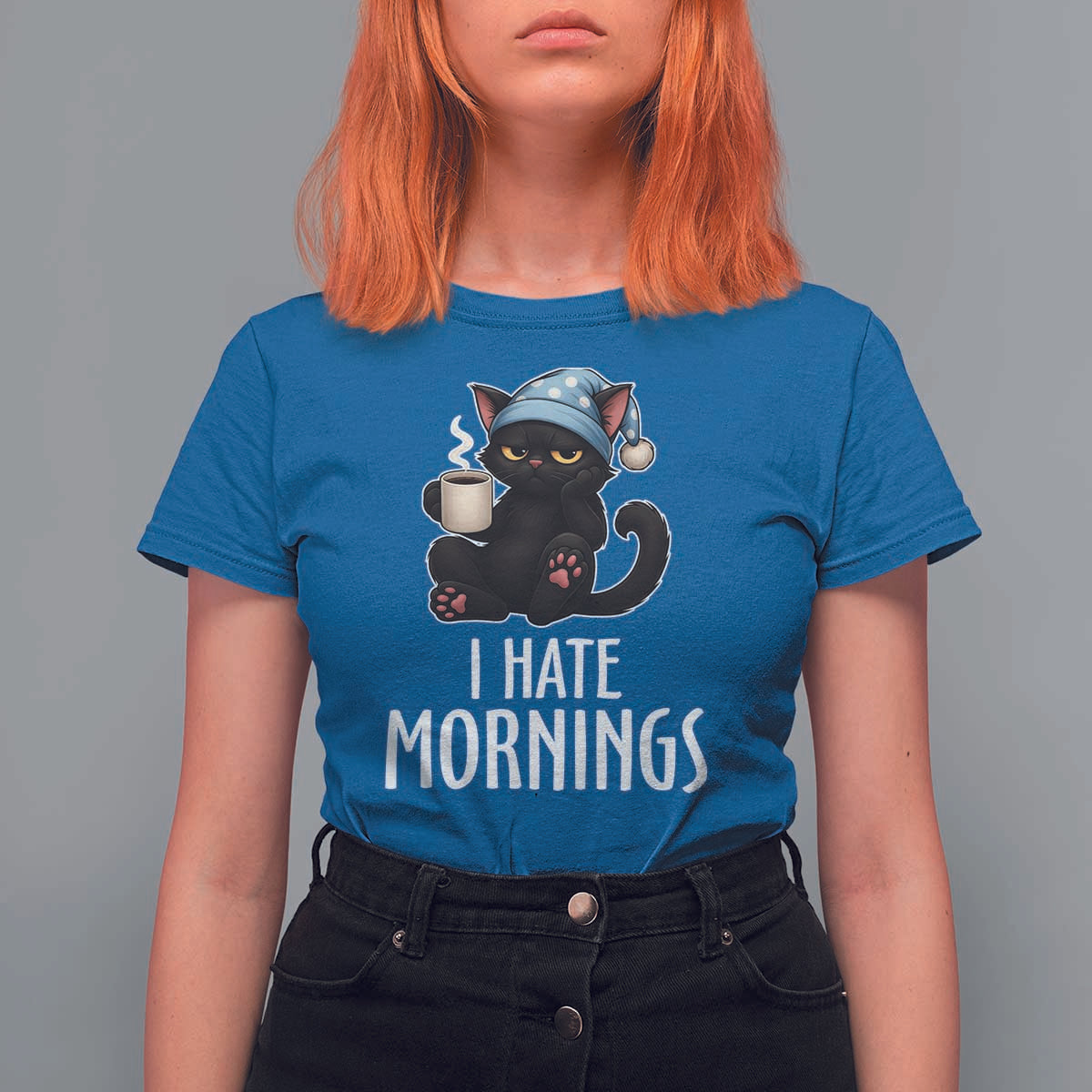 Funny I Hate Mornings T Shirt For Women Cute Lazy Cat Drink Coffee - Wonder Print Shop