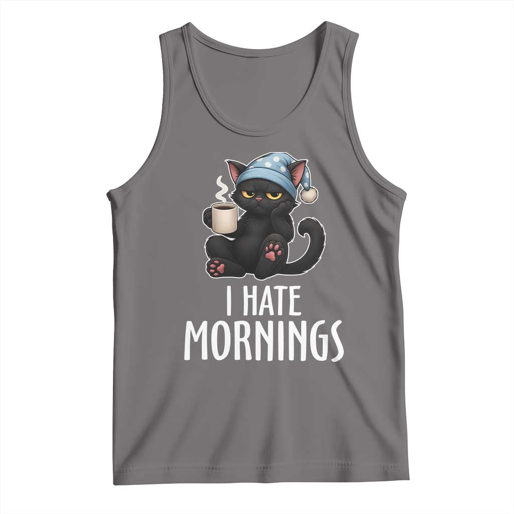 Funny I Hate Mornings Tank Top Cute Lazy Cat Drink Coffee - Wonder Print Shop