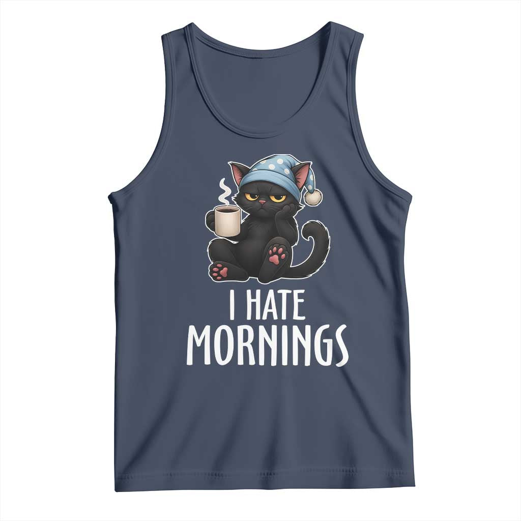 Funny I Hate Mornings Tank Top Cute Lazy Cat Drink Coffee - Wonder Print Shop