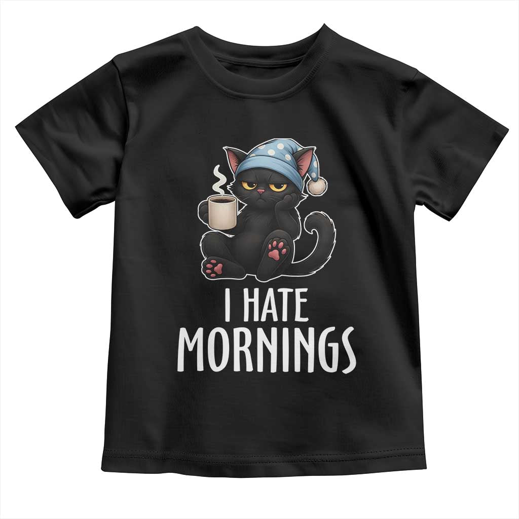 Funny I Hate Mornings Toddler T Shirt Cute Lazy Cat Drink Coffee - Wonder Print Shop