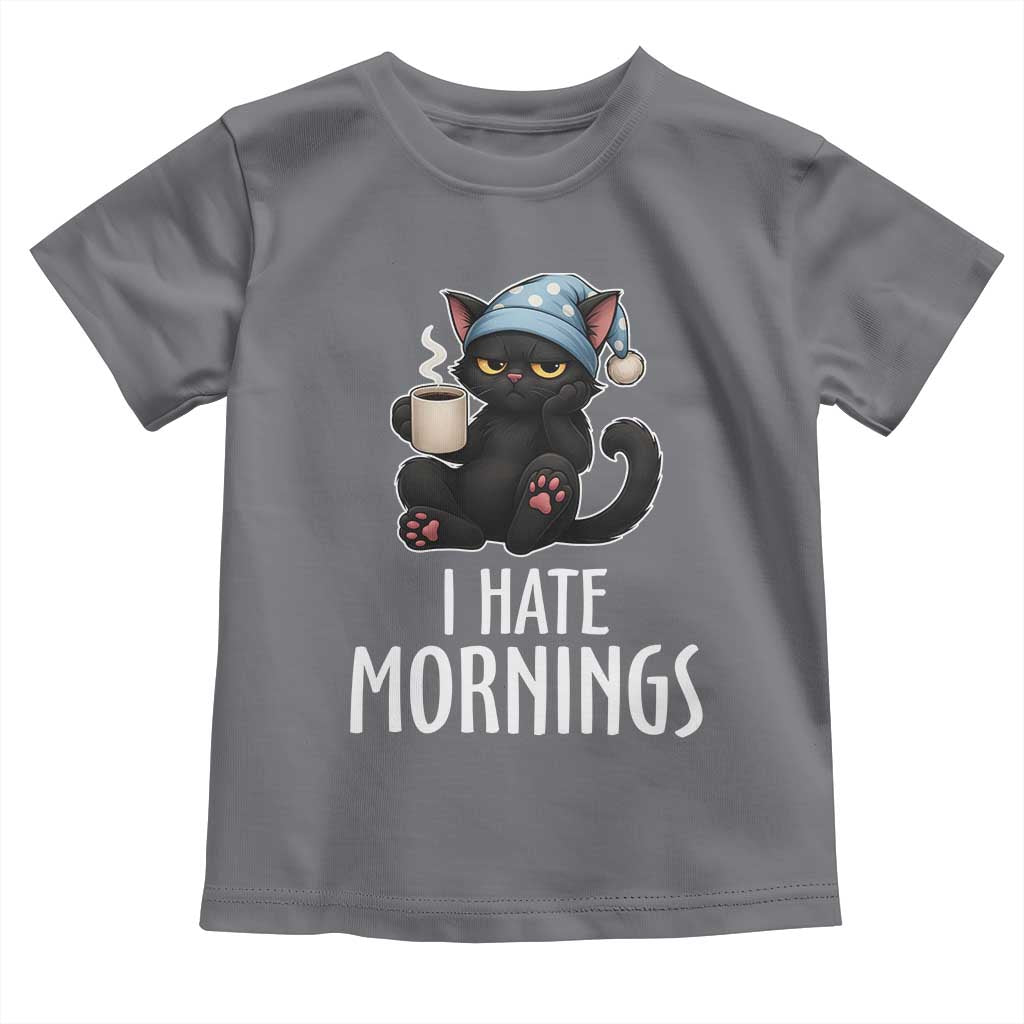 Funny I Hate Mornings Toddler T Shirt Cute Lazy Cat Drink Coffee - Wonder Print Shop