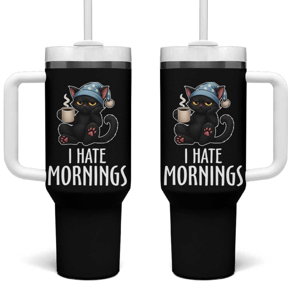Funny I Hate Mornings Tumbler With Handle Cute Lazy Cat Drink Coffee
