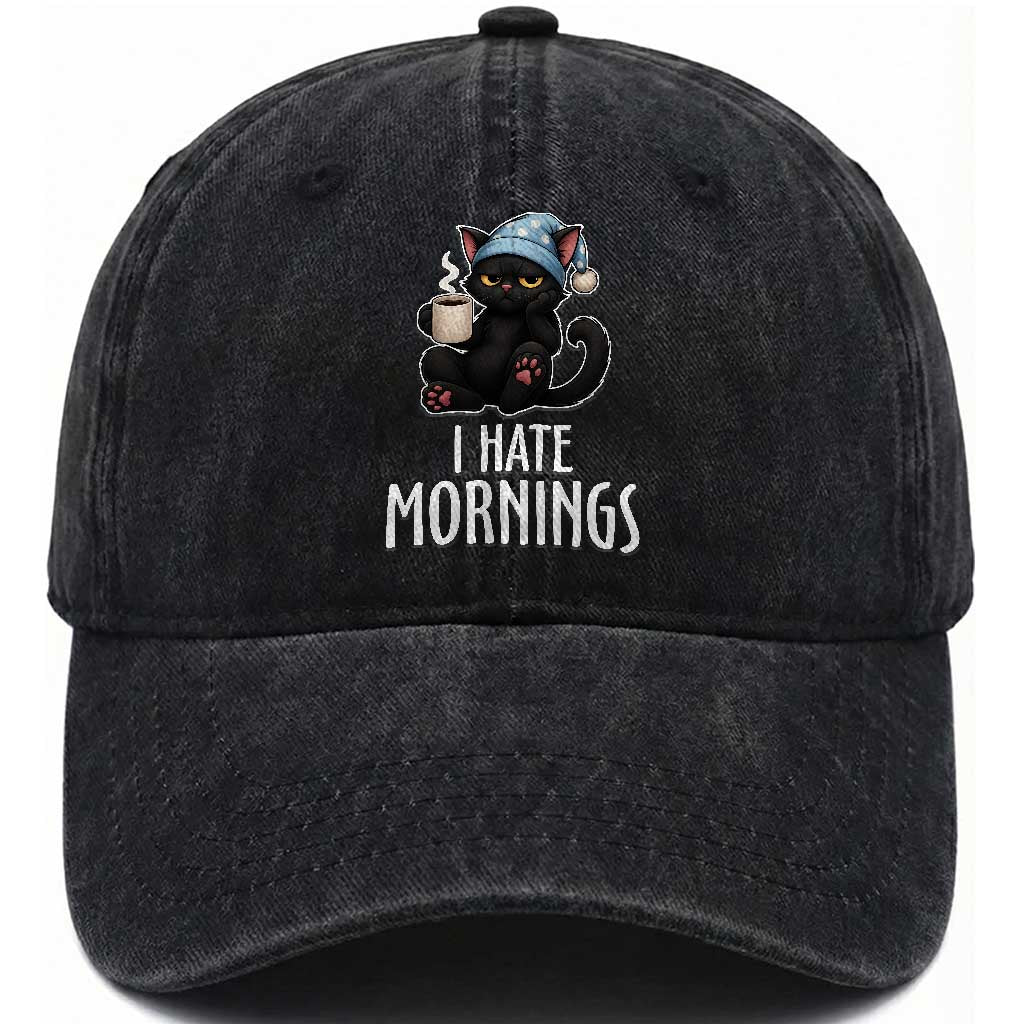 Funny I Hate Mornings Washed Cotton Baseball Cap Cute Lazy Cat Drink Coffee
