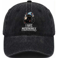Funny I Hate Mornings Washed Cotton Baseball Cap Cute Lazy Cat Drink Coffee