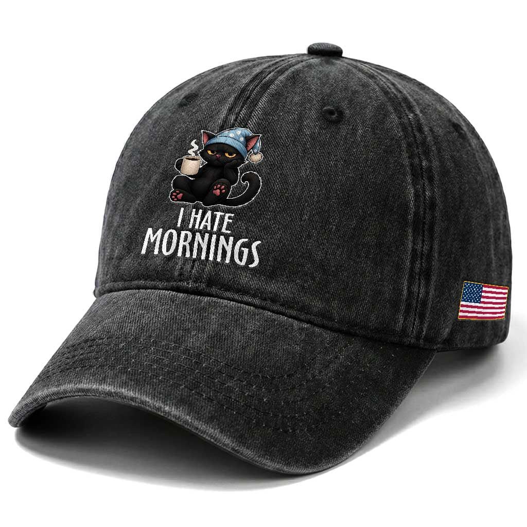 Funny I Hate Mornings Washed Cotton Baseball Cap Cute Lazy Cat Drink Coffee