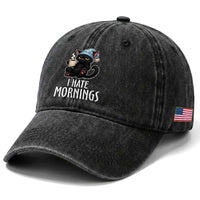 Funny I Hate Mornings Washed Cotton Baseball Cap Cute Lazy Cat Drink Coffee