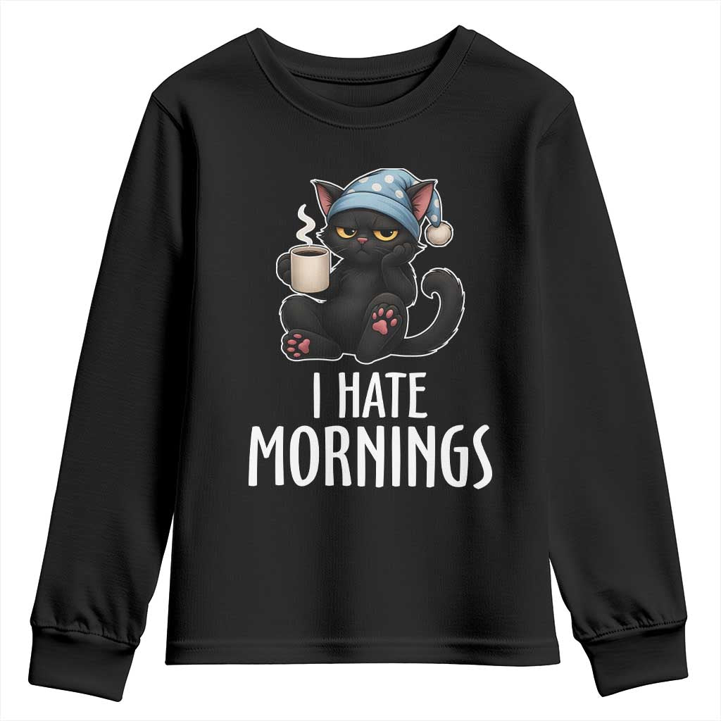 Funny I Hate Mornings Youth Sweatshirt Cute Lazy Cat Drink Coffee - Wonder Print Shop