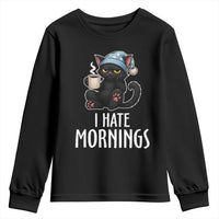 Funny I Hate Mornings Youth Sweatshirt Cute Lazy Cat Drink Coffee - Wonder Print Shop