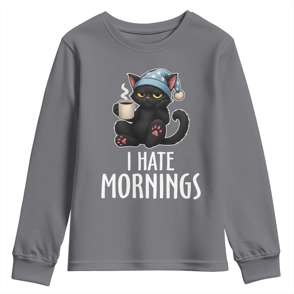 Funny I Hate Mornings Youth Sweatshirt Cute Lazy Cat Drink Coffee - Wonder Print Shop