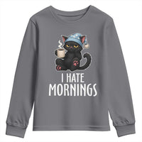 Funny I Hate Mornings Youth Sweatshirt Cute Lazy Cat Drink Coffee - Wonder Print Shop