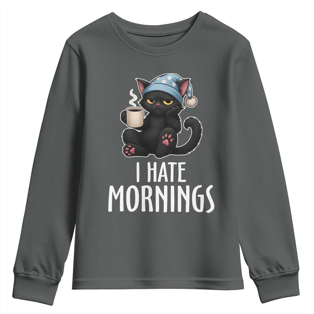 Funny I Hate Mornings Youth Sweatshirt Cute Lazy Cat Drink Coffee - Wonder Print Shop