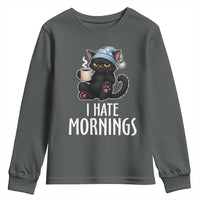 Funny I Hate Mornings Youth Sweatshirt Cute Lazy Cat Drink Coffee - Wonder Print Shop