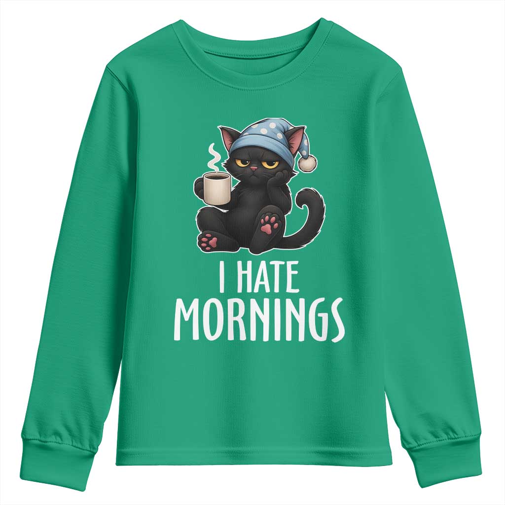 Funny I Hate Mornings Youth Sweatshirt Cute Lazy Cat Drink Coffee - Wonder Print Shop