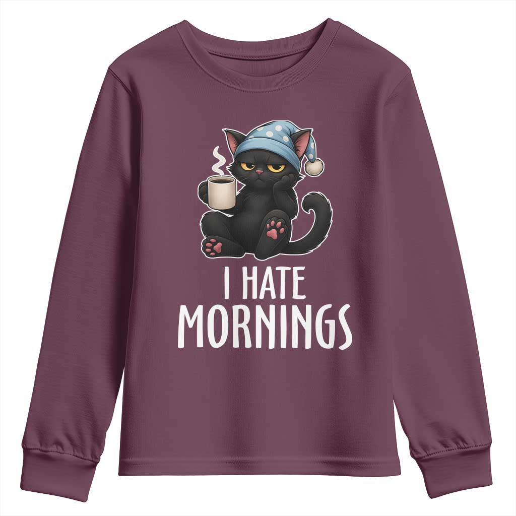 Funny I Hate Mornings Youth Sweatshirt Cute Lazy Cat Drink Coffee - Wonder Print Shop
