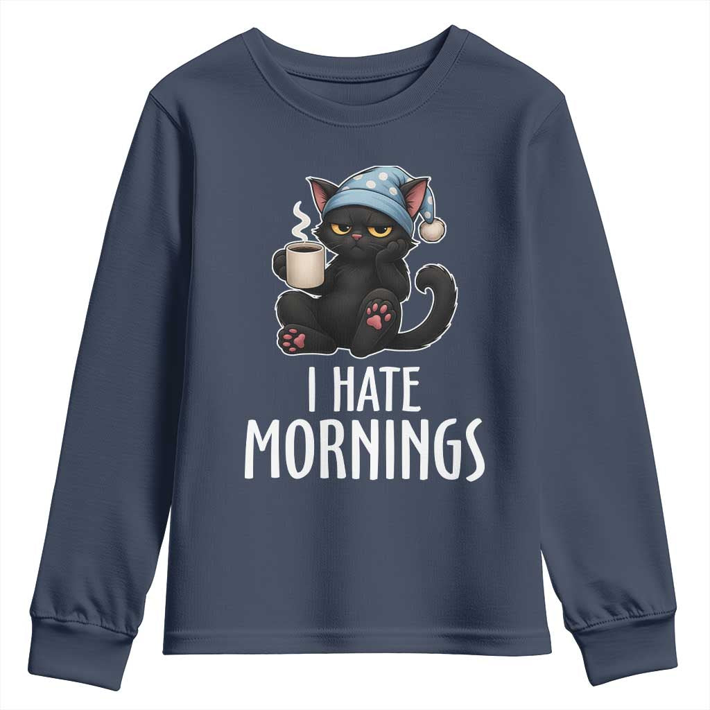 Funny I Hate Mornings Youth Sweatshirt Cute Lazy Cat Drink Coffee - Wonder Print Shop