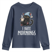 Funny I Hate Mornings Youth Sweatshirt Cute Lazy Cat Drink Coffee - Wonder Print Shop