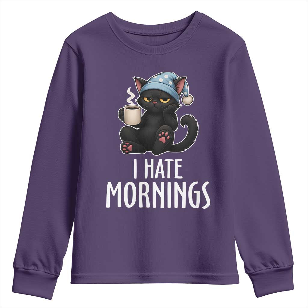 Funny I Hate Mornings Youth Sweatshirt Cute Lazy Cat Drink Coffee - Wonder Print Shop