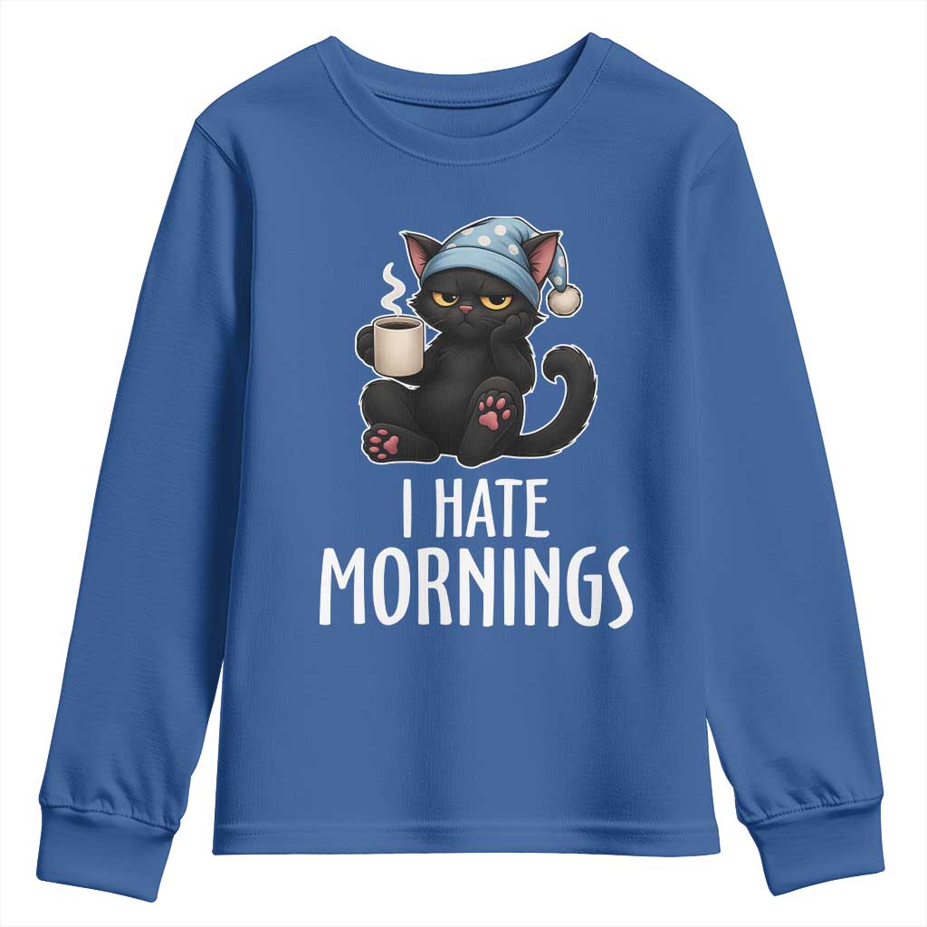 Funny I Hate Mornings Youth Sweatshirt Cute Lazy Cat Drink Coffee - Wonder Print Shop