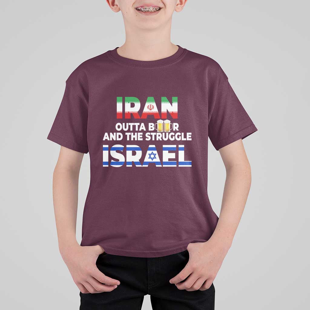 Funny Geopolitical Satire Iran Outta Beer Israel Struggle T Shirt For Kid