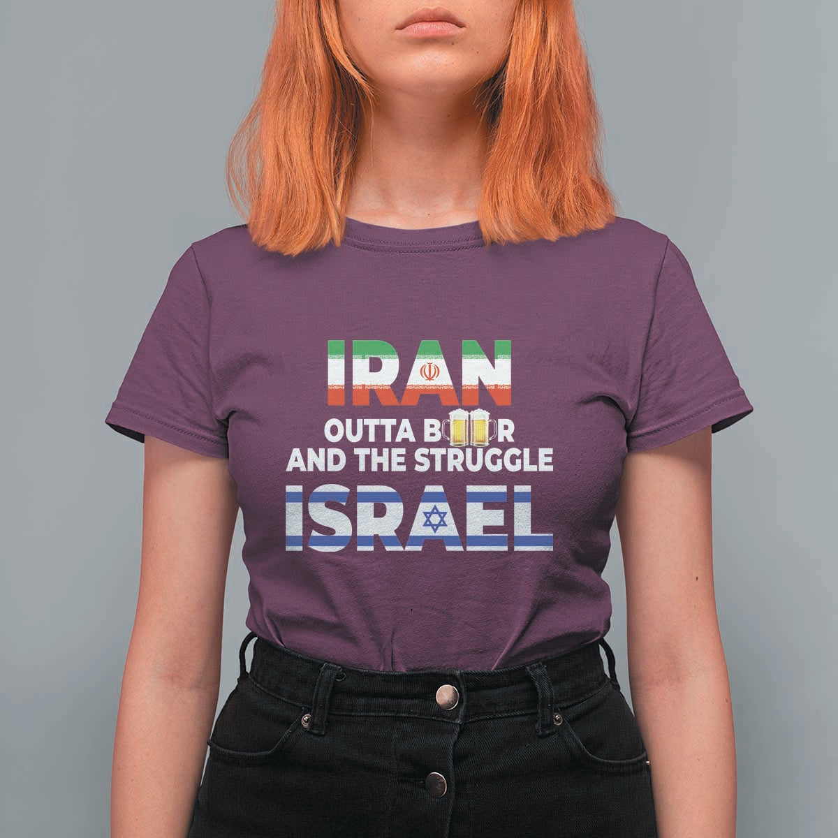 Funny Geopolitical Satire Iran Outta Beer Israel Struggle T Shirt For Women