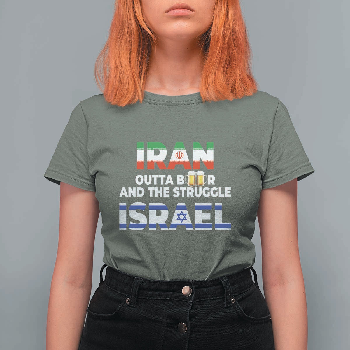 Funny Geopolitical Satire Iran Outta Beer Israel Struggle T Shirt For Women