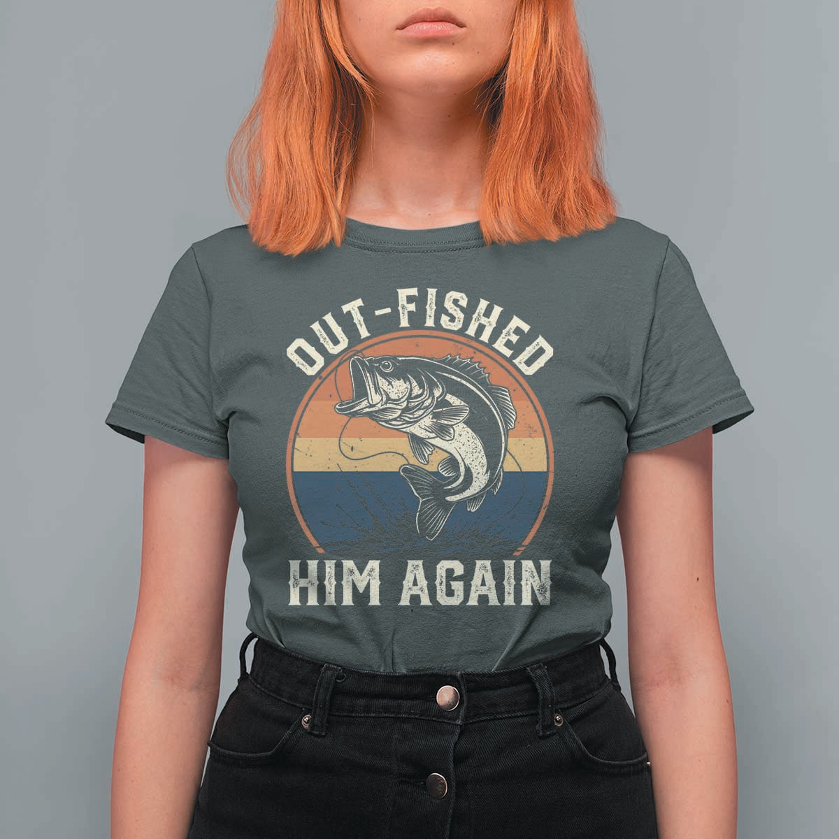 Funny Bass Fishing T Shirt For Women Out Fished Him Again Fisherman Outdoor Adventure