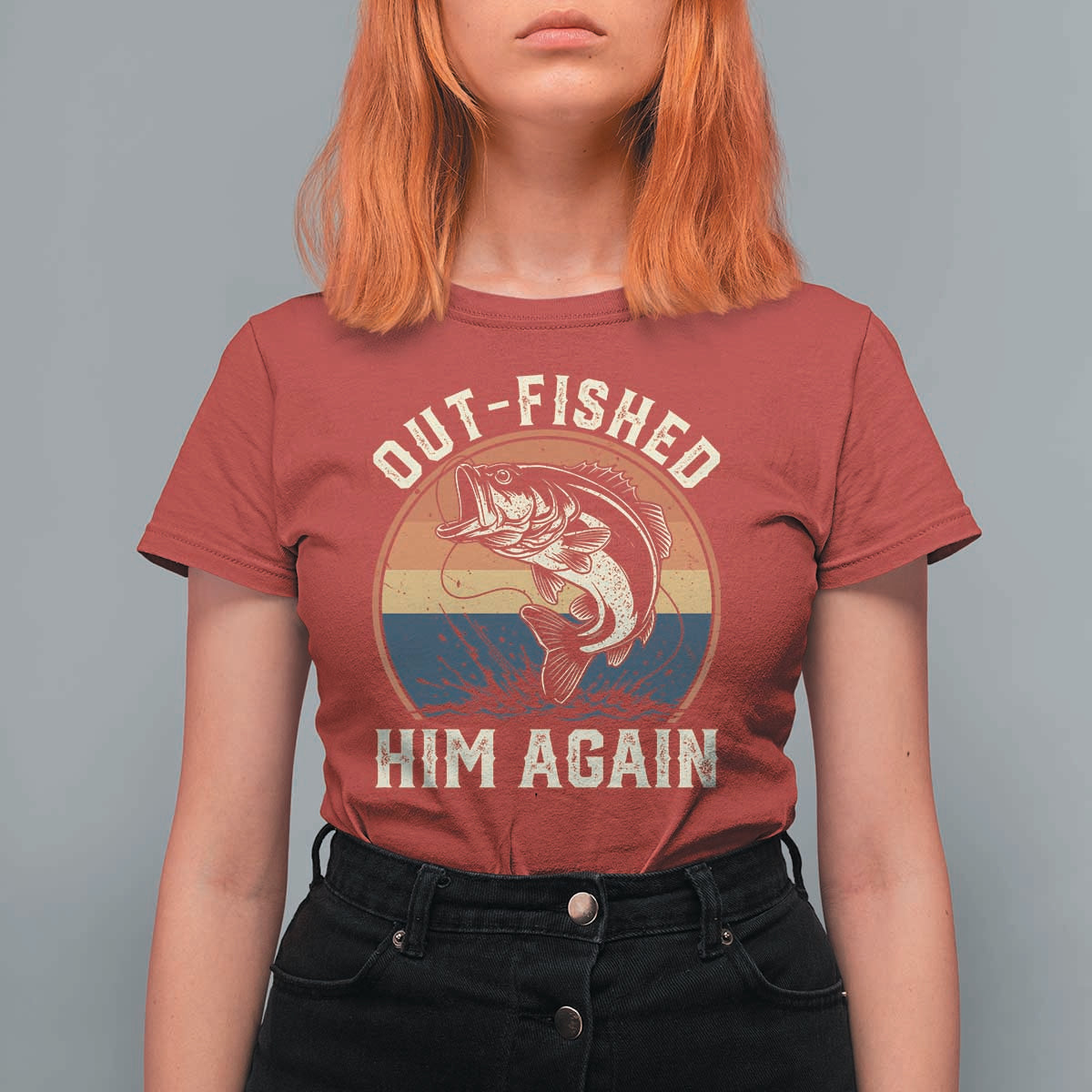 Funny Bass Fishing T Shirt For Women Out Fished Him Again Fisherman Outdoor Adventure