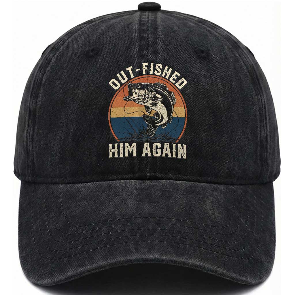 Funny Bass Fishing Washed Cotton Baseball Cap Out Fished Him Again Fisherman Outdoor Adventure