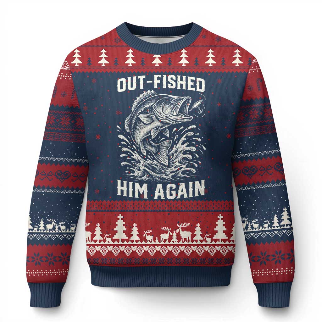 Out Fished Him Again Fisherman Angler Gift Ugly Christmas Sweater Funny Fishing Sayings