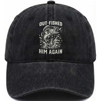 Out Fished Him Again Fisherman Angler Gift Washed Cotton Baseball Cap Funny Fishing Sayings