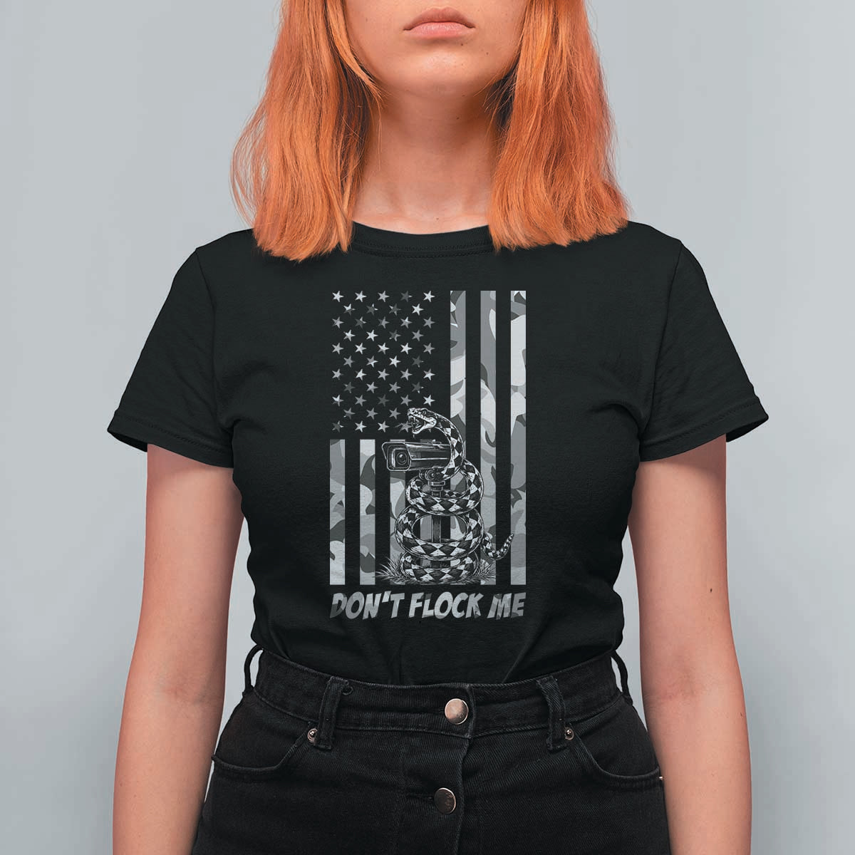 Rattlesnake Surveillance Camera US Flag Camo Graphic T Shirt For Women Dont Flock Me